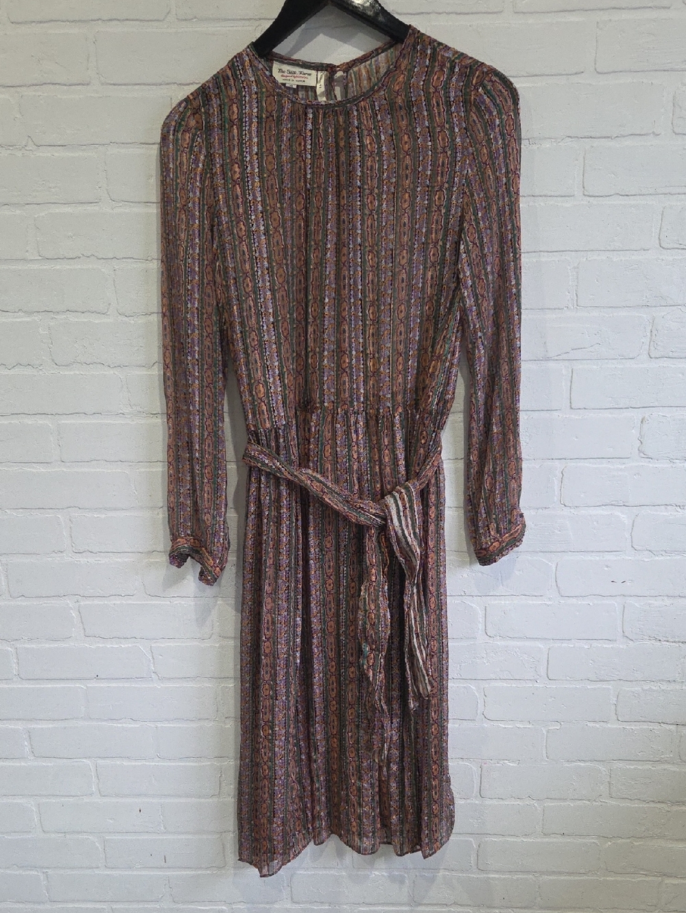 Belted Long-Sleeve Midi Dress in Brown and Purple